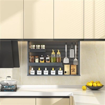 주방 캐비닛이 스파이스 랙을 자동으로 올리고 내립니다.